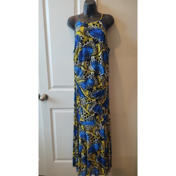 Nine West Blue Bright Surf/Sunflower Abstract Halter Stretch Maxi Dress Sz14-$98 - Picture 2 of 14